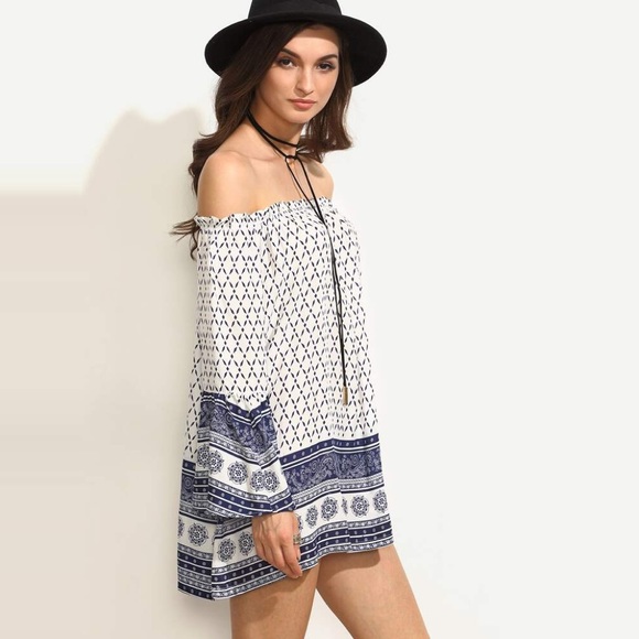 💥 CLEARANCE Bell Sleeve Off Shoulder Modern Floral Tunic Dress - Picture 4 of 8